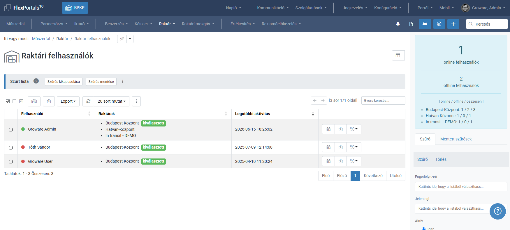 FlexWm warehouse users - list screenshot